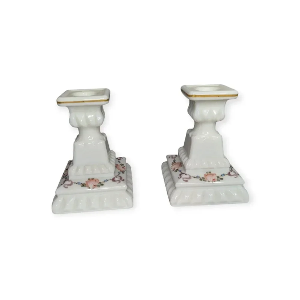 Vintage Westmoreland Milk Glass Floral Hand Painted Candle Holders Matching Pair